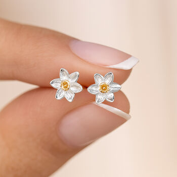 Sterling Silver And Yellow Gold Daffodil Stud Earrings, 2 of 11