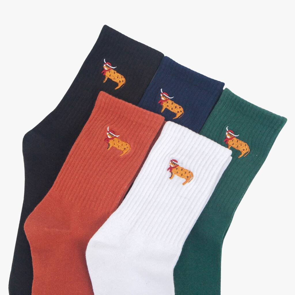 Men's Christmas Highland Cow Embroidered Cotton Socks Five Pack, 1 of 8
