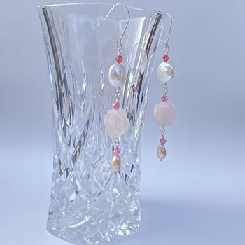Rose Pink Quartz Pearl Sterling Silver Dangle Earrings, 3 of 3