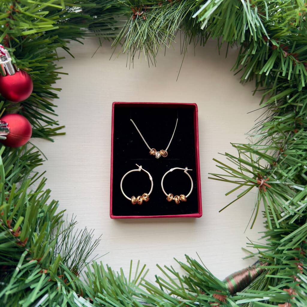 Three Knot Necklace And Earrings Set In Rose Gold, 1 of 3