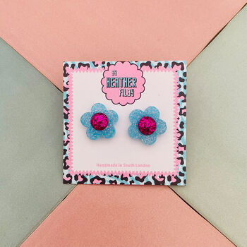 Flower Glitter Resin Stud Earrings Silver, Green And Blue, 5 of 12
