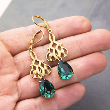 Art Deco Emerald Green Rhinestone Earrings, 4 of 8
