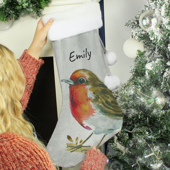 Personalised Robin Silver Grey Stocking, 2 of 3