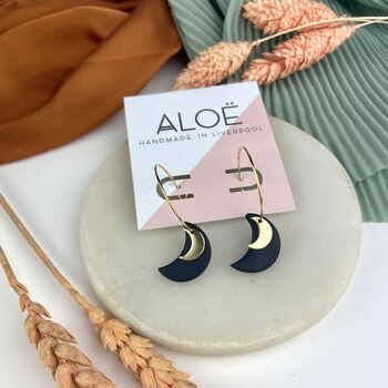 24k Gold Plated Black Clay Crescent Moon Hoop Earrings, 2 of 2
