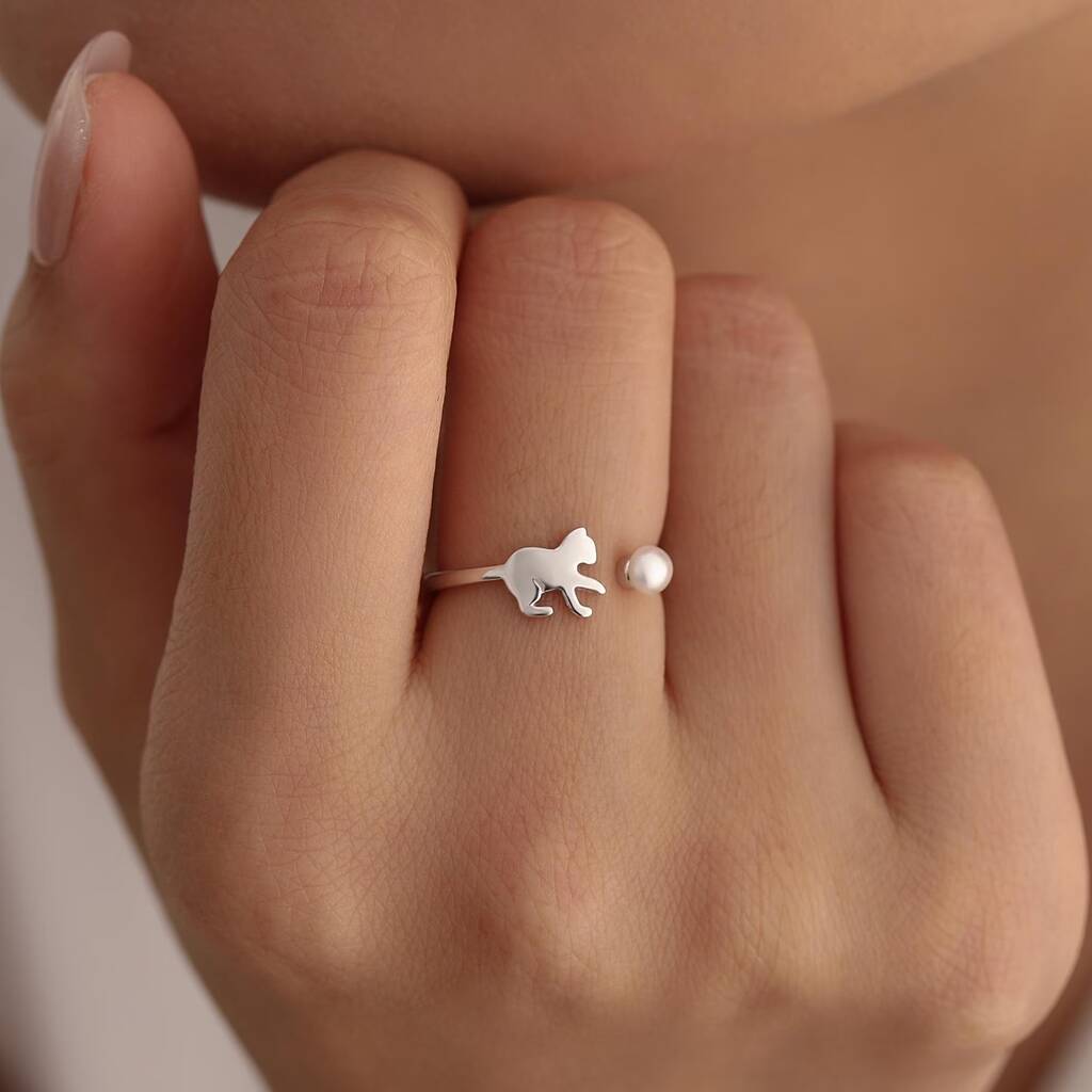 Sterling Silver Cat Playing With Ball Ring With Natural Button Shaped Pearls, 1 of 12