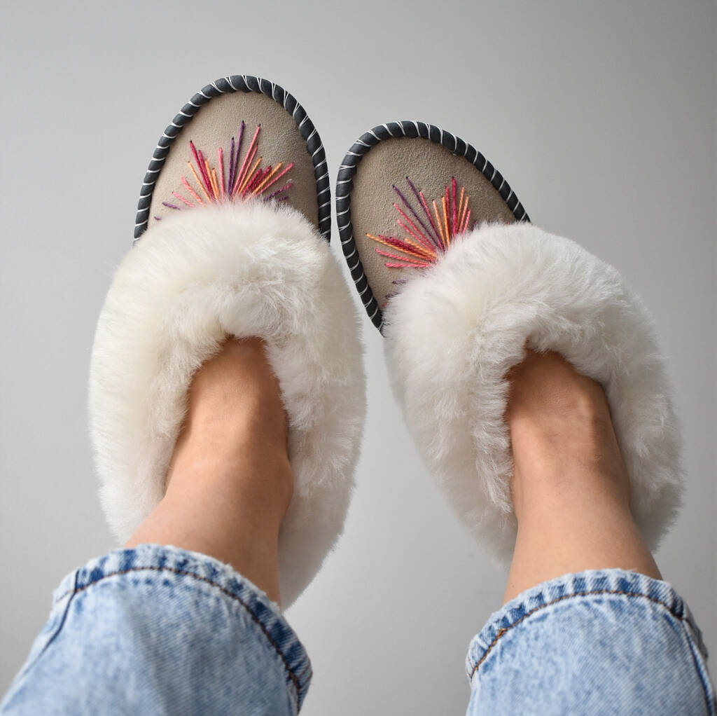 Peacock White Handmade Sheepskin Slippers By HomieeStudio