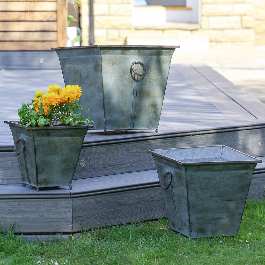 Set Of Three Vintage Metal Bucket Planters By Dibor