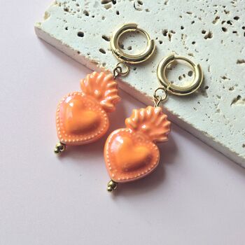 Sacred Heart Orange Earrings With 18ct Gold Plated Huggie Hoops, 5 of 6
