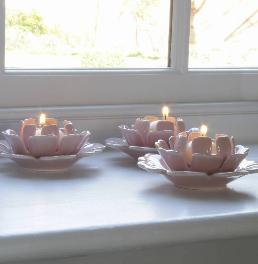 pale pink ceramic flower tealight holder by ella james