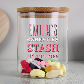 Sweetie Stash Personalised Glass Jar Bamboo Lid, 2 of 5