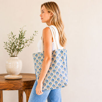 Hand Printed Block Print Summer Floral Cotton Tote Bag, 2 of 5