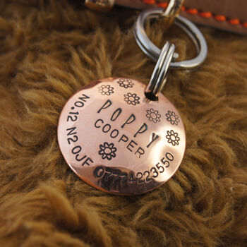 Dog ID Tag. Personalised Domed Copper Disc With Flowers, 5 of 10