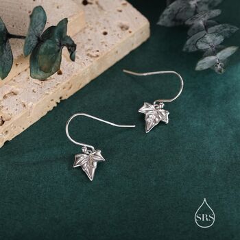 Sterling Silver Ivy Leaf Drop Hook Earrings, 8 of 12