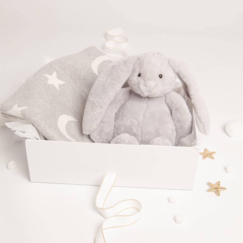 Grey Bunny Toy And Star Moon Blanket Baby Gift Set, 1 of 5
