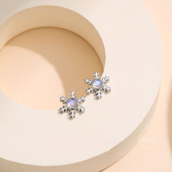 Sterling Silver Moonstone Snowflake Stud Earrings, 5 of 11