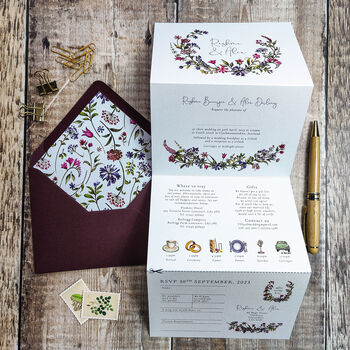 Plum Autumn Floral Wedding Invitation With Timeline, 2 of 6