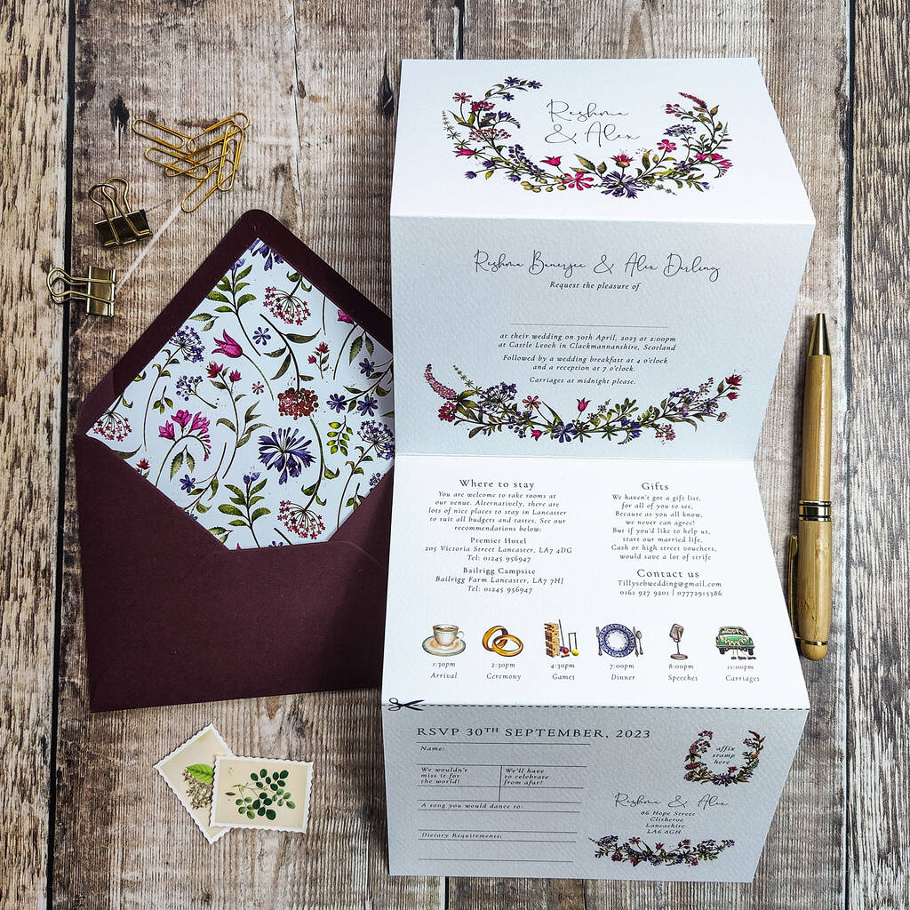 Plum Autumn Floral Wedding Invitation With Timeline, 1 of 8