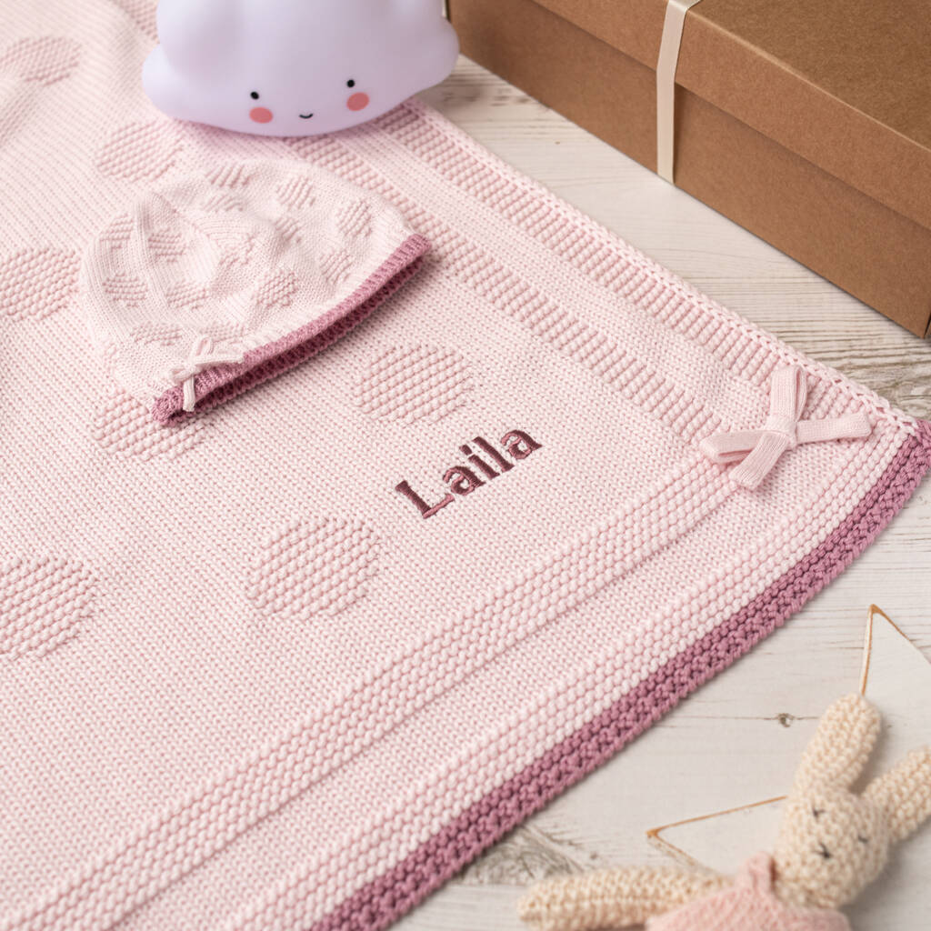 Girls Spot And Bow Pale Pink Baby Blanket And Hat Set, 1 of 11