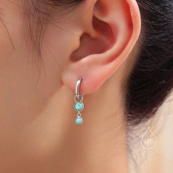 Sterling Silver Double Aqua Green Opal Dangle Huggie Hoop Earrings, 2 of 12