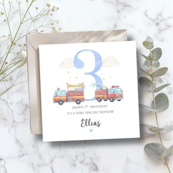 Fire Engine 3rd Birthday Card, 1st 2nd Birthday Card For Son, Nephew, Any Relationship, 2 of 8