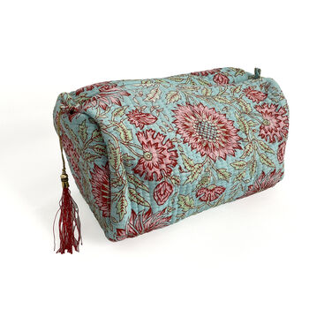 Pink And Blue Floral Block Print Cotton Washbag, Make Up Bag, With Waterproof Lining Set Of Three, 4 of 6
