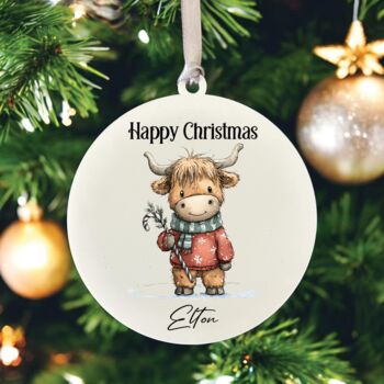 Personalised Cute Christmas Highland Cow Hanging Bauble Decoration, 6 of 8