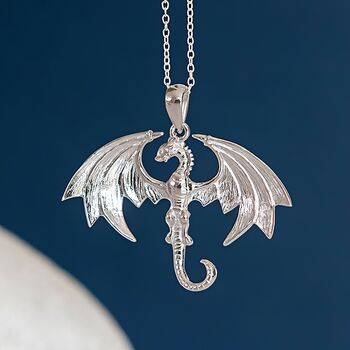 Mens Sterling Silver Flying Wyvern Dragon Necklace, 2 of 12