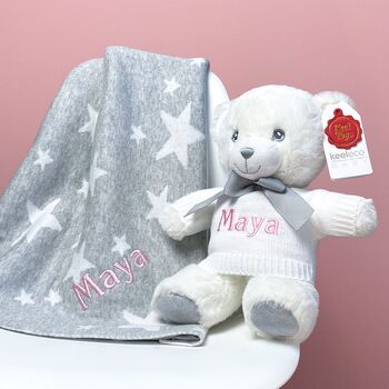 Personalised Grey Stars Blanket And Keeleco Baby Teddy, 3 of 9
