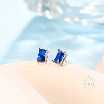 Sterling Silver Emerald Cut Sapphire Blue Cz Stud Earrings, 5 of 12