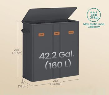 Three Compartment Laundry Basket With Lid, 2 of 6