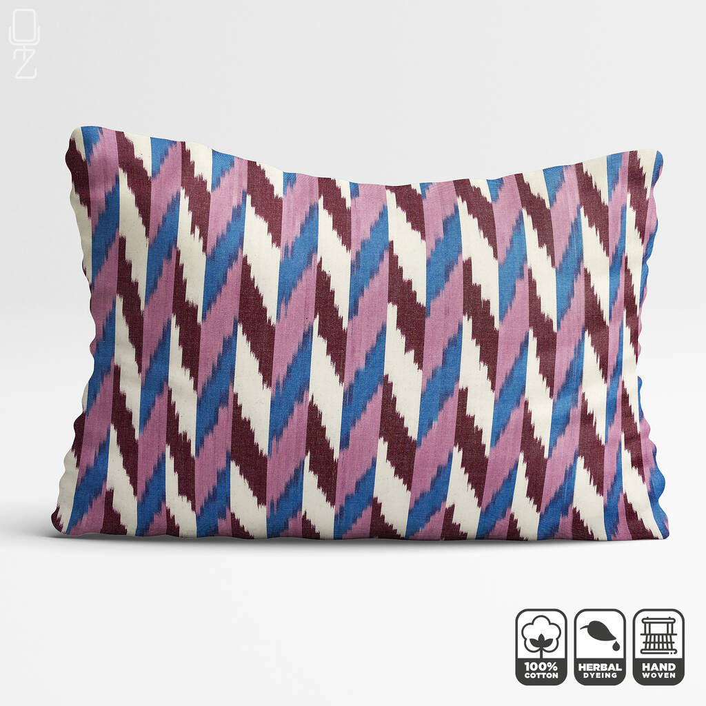 Pink, Blue And Burgundy Cotton Ikat Cushion Cover, 1 of 8