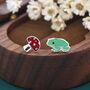 Sterling Silver Mismatched Enamel Frog And Mushroom Stud Earrings, thumbnail 5 of 10