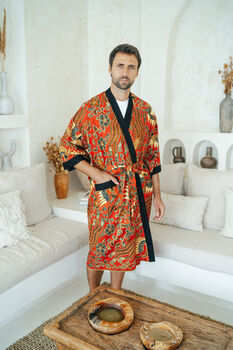Men's Batik Kimono Robe In Red, 9 of 11