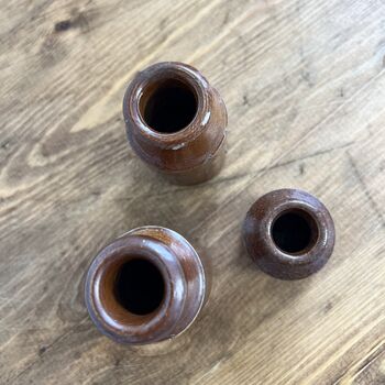 Set Of Three Mini Vintage Brown Stoneware Ink Bottles, 3 of 6