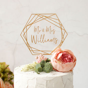 Personalised Gold Wedding Cake Topper Hexagon Shaped, 2 of 5