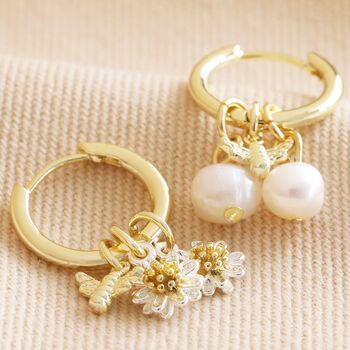 Daisy Pearl And Bee Charm Hoop Earrings In Gold Plating, 2 of 8