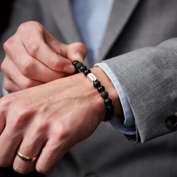 Personalised Men's Sterling Silver And Black Onyx Bead Numeral Date Bracelet, 2 of 6