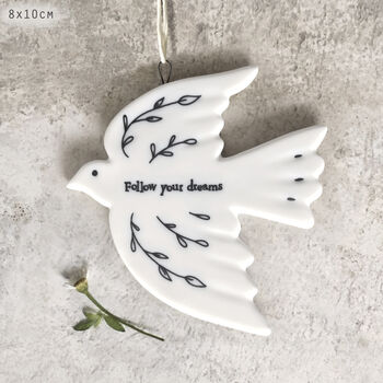 White Porcelain Dove Hanging Decoration Follow Your Dreams, 5 of 5