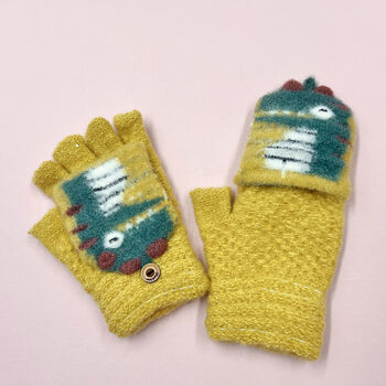 Kids’ 'DinoRex' Flip Over Mitten Cap Gloves – Soft Fuzzy Yarn Knit, 4 of 12