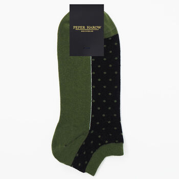 Oxford Stripe Mustard And Polka Khaki Men's Trainer Socks, 8 of 8