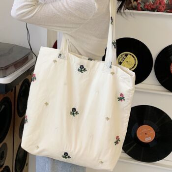 Embroidered Flower Glitter Thread Cotton Tote Bag, 3 of 7