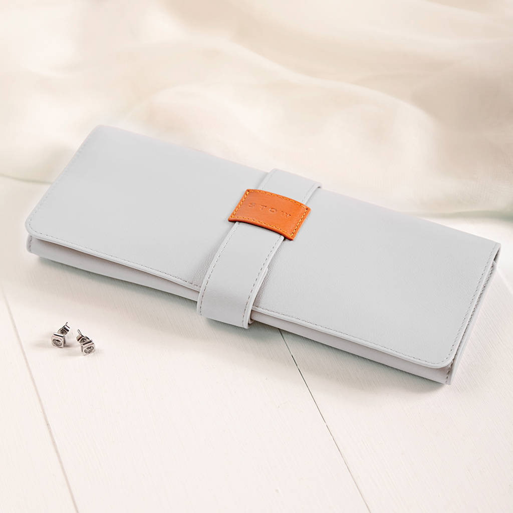personalised luxury leather travel jewellery roll by stow