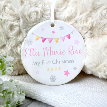 My First Christmas Baby Girl Garland Ceramic Disc Hanging Decoration Bauble + Gift Box, 3 of 6