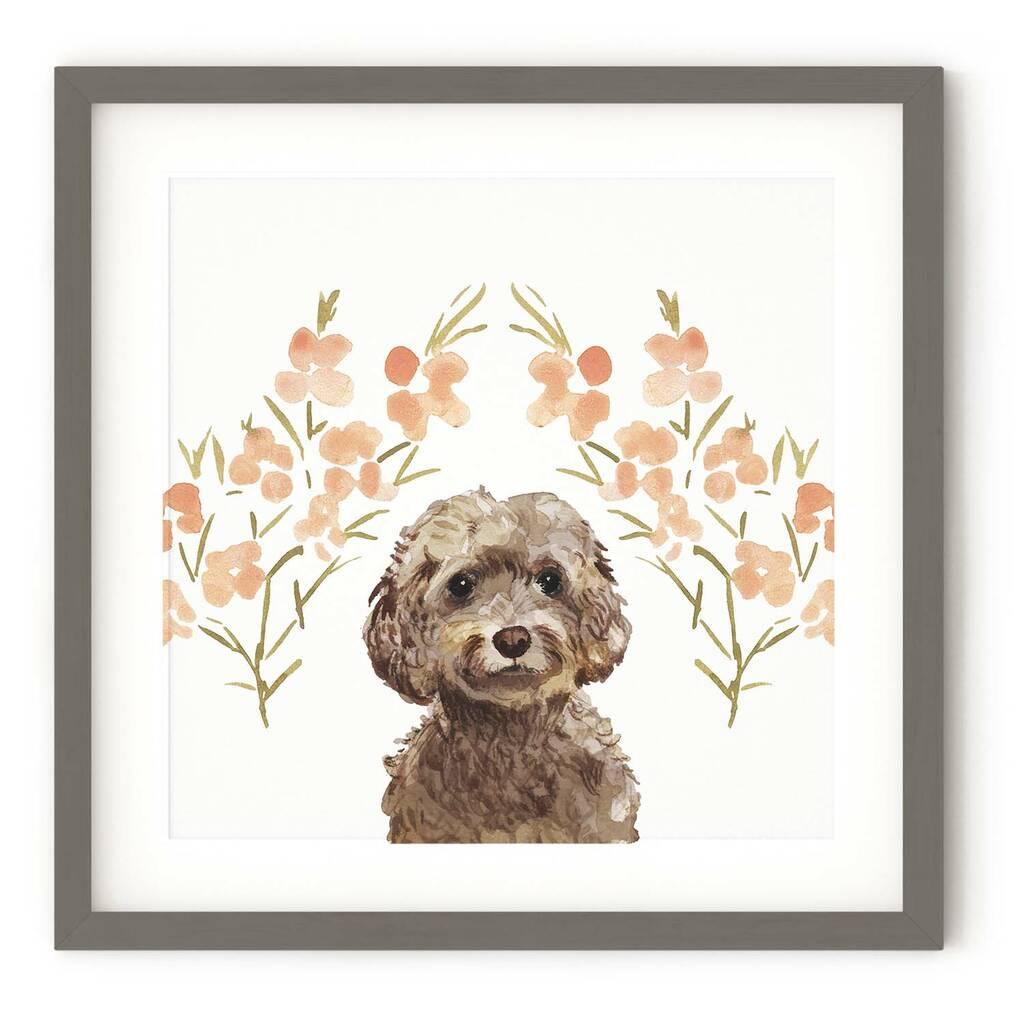 Brown Cockapoo Dog Watercolour Art Print Framed By Abstract House