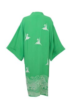 Origami And Hokusai Wave Embroidered Island Green Long Kimono, 11 of 12