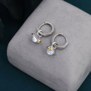 Sterling Silver Moonstone Planet And Gold Star Huggie Hoop Earrings, 2 of 11