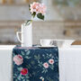 Luxury Linen Like Floral Table Runner Rose Garden Navy, thumbnail 1 of 5