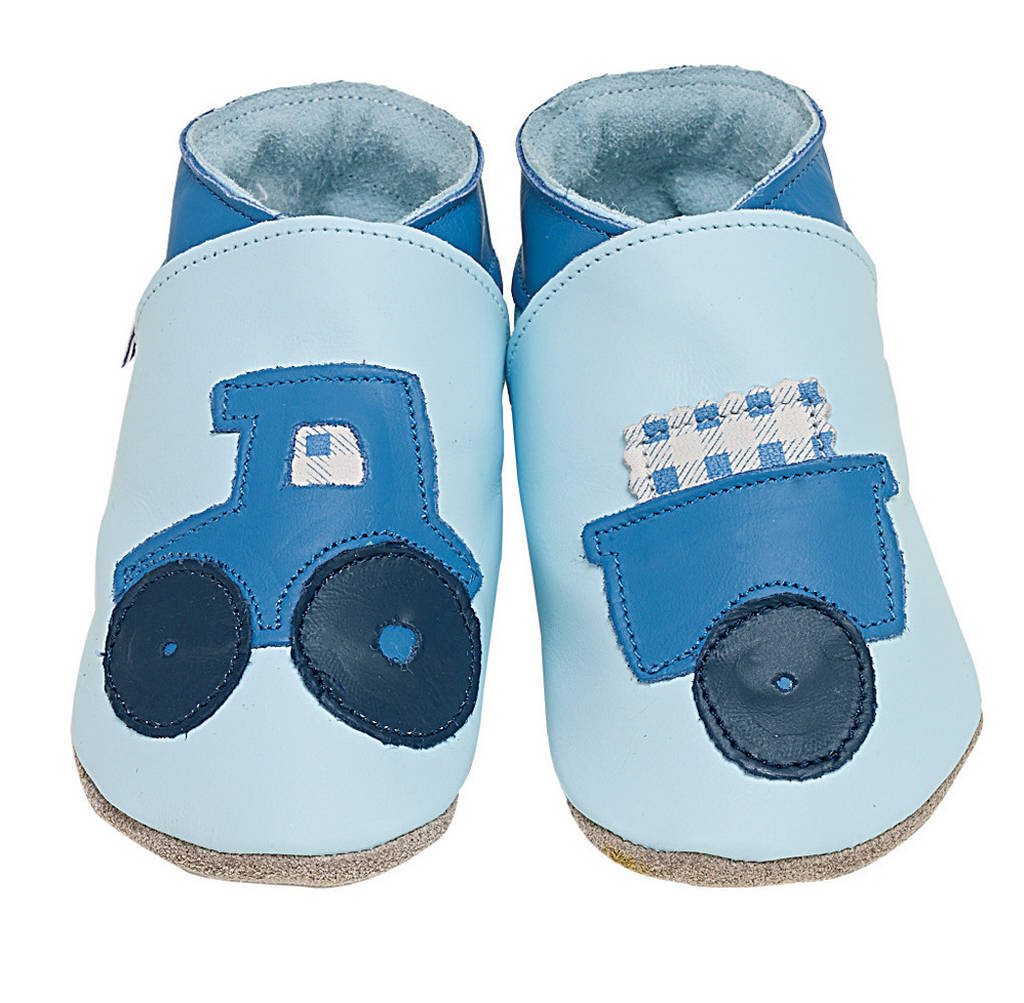 Boys Soft Leather Baby Shoes Tractor Baby Blue