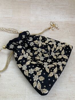 Black Handcrafted Embroidered Potli Bag/Wrist Bag, 5 of 5