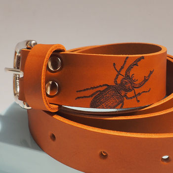 Tan Leather Belt With Engraved Stag Beetle, 2 of 5